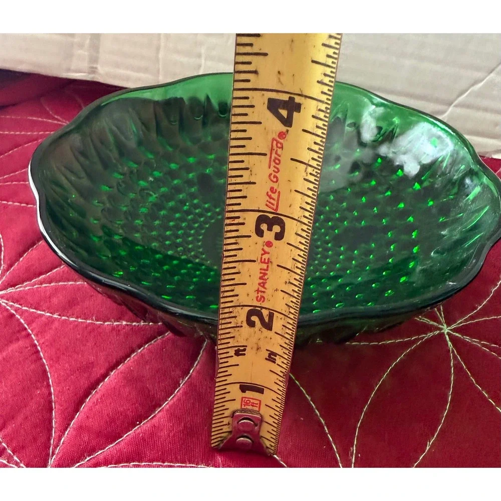 Vintage Emerald Green Glass Bowl Set Hobnail and Grape Pattern Footed Dishes